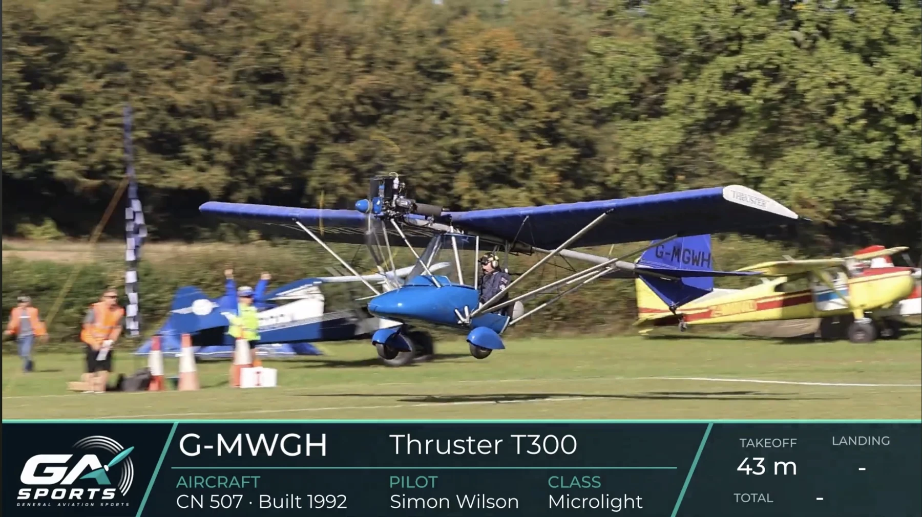 GA Sports broadcast showing Simon taking off, with 43 metres displayed